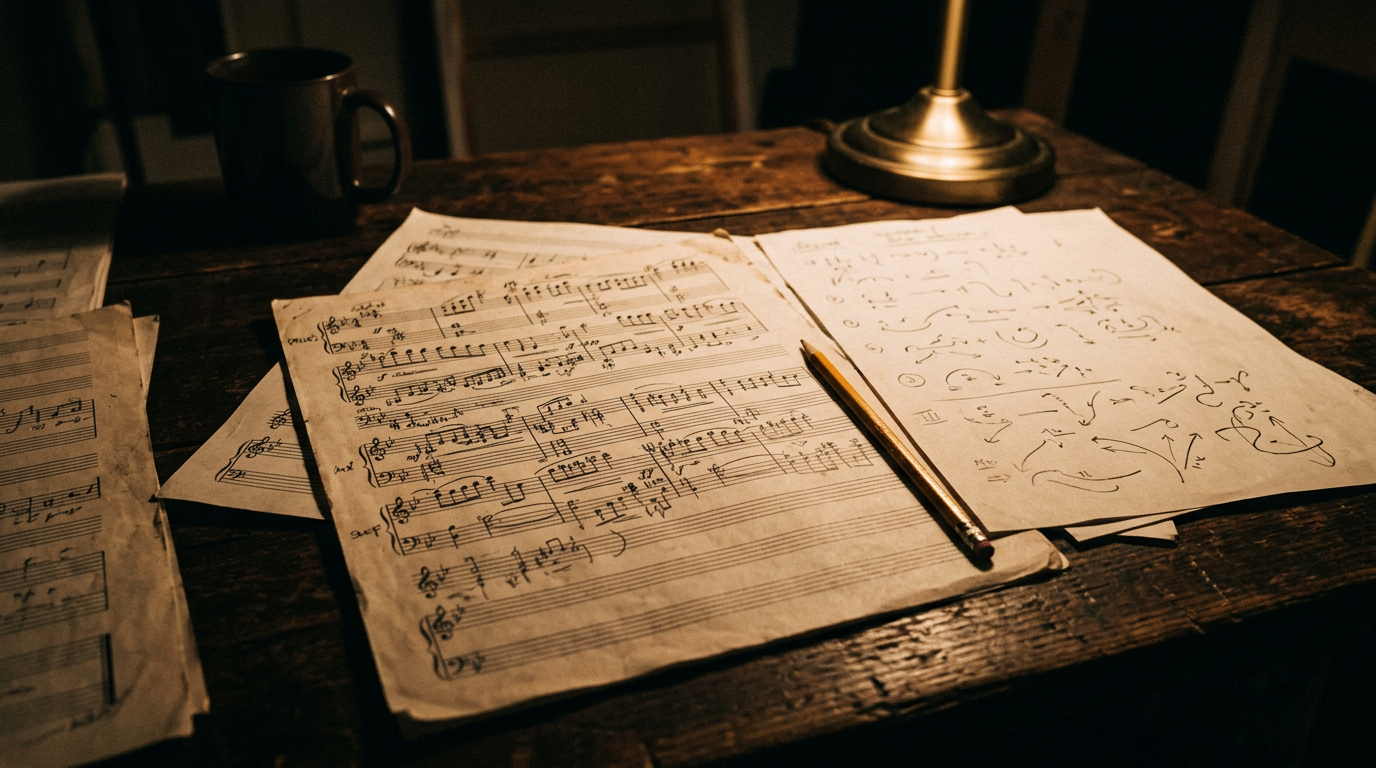Partituras de música y de movimiento sobre una mesa de trabajo